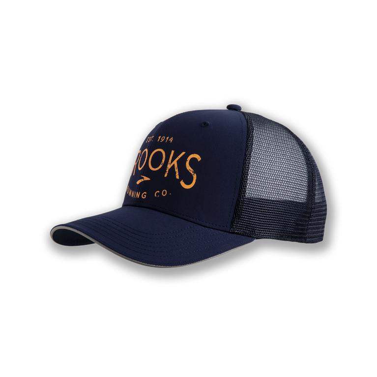 Brooks Discovery Trucker - Mens Running Hat - Navy/Heritage (78164GETN)